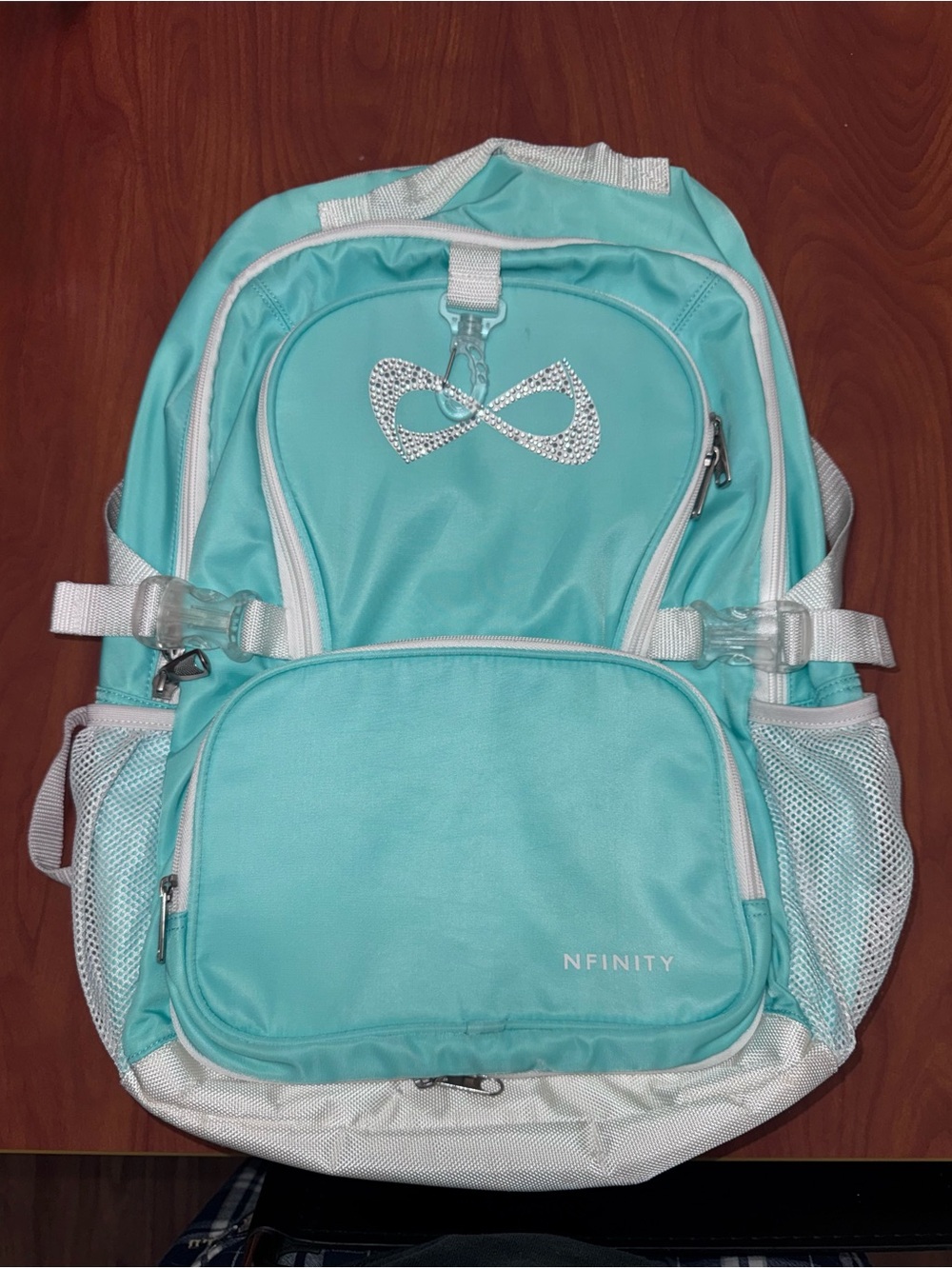 NFINITY Teal and White Kids Backpack with Rhinestone Infinity